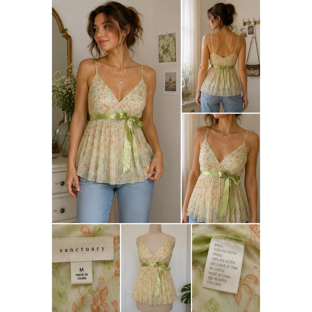 Sanctuary Floral Babydoll Cami Top Green Ribbon Cottagecore Fairy Size M NWT